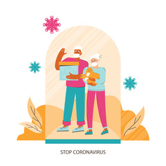 Protection from coronavirus. Elderly couple in a medical mask stands under a glass cap. Social safe distance and personal protection against viruses during a pandemic. Stop coronavirus concept.