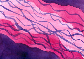 Abstract watercolor colorful background. Pink, red and purple colors. Lines ans wave elements. Creative wallpaper. Original art. Aquarelle texture