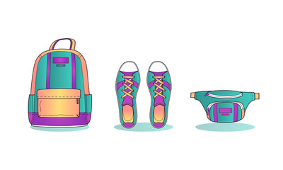 set of teenage school or hipster modern accessories. Colorful backpack, sneakers, waist bag, belt pouch. fashion casual and sport wear from 90s. isolated vector stock illustration on white background