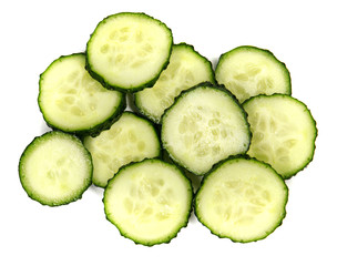 Fresh cucumber slices isolated on white background, top view