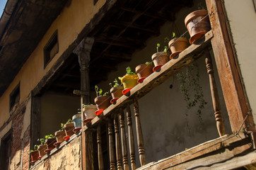 flower pots in a sunny rural old building in Potes, Picos de Europa
