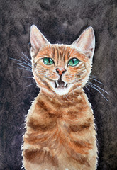 Watercolor cat with green eyes on black background