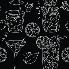 Seamless vector pattern with contour martini cocktail and cosmopolitan  on black background. Wallpaper, fabric and textile design. Cute wrapping paper pattern with cocktails. Good for printing.