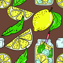 Seamless vector pattern with lemon, lemonade and green leaves on brown background. Wallpaper, fabric and textile design. Good for printing. Cute wrapping paper pattern with fruits.