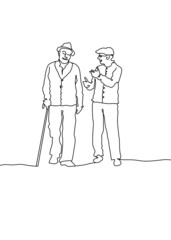 One continuous line drawing,  of a man walking and having fun chatting