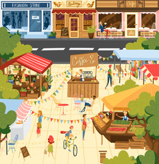 Farmers market, people at fair counters sellers standing behind stall with fresh homemade farm food products outdoor vector Illustration. Farm festival in town with buildings and organic shops fair.