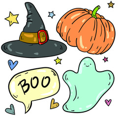 Color vector illustration with witch hat, ghost, pumpkin on white background. Halloween set. Postcard and logo idea. Hand drawn cartoon illustration. Good for printing. 