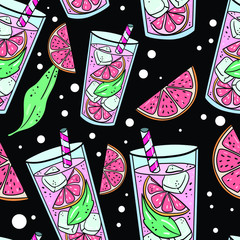 Vector seamless pattern with grapefruit, parts, leaf and lemonade cocktail on black background. Good for printing. Wallpaper, fabric and textile design. Botanical illustration. Wrapping paper idea.