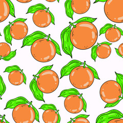 Seamless vector pattern with orange or grapefruit with green leaves on white background. Wallpaper, fabric and textile design. Cute wrapping paper pattern with fruits. Good for printing.