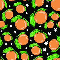 Seamless vector pattern with orange or grapefruit with green leaves on black background. Wallpaper, fabric and textile design. Cute wrapping paper pattern with fruits. Good for printing.