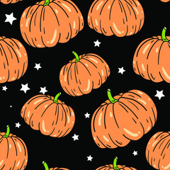 Seamless vector pattern with pumpkin on black background. Halloween pattern. Wallpaper, fabric and textile design. Cute wrapping paper pattern for Halloween. Good for printing.