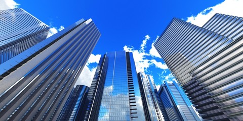 Fototapeta na wymiar Beautiful skyscrapers against the sky, modern high-rise buildings bottom view, 3D rendering