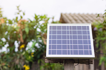Small size solar cells panels in the garden. Installation photovoltaic for provide light at night....