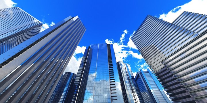 Beautiful skyscrapers against the sky, modern high-rise buildings bottom view, 3D rendering