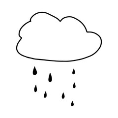 Cloud with rain drawn in the style of Doodle.Outline image by hand.Black and white image.Monochrome.Cloud with rain.Bad weather.Vector illustration.