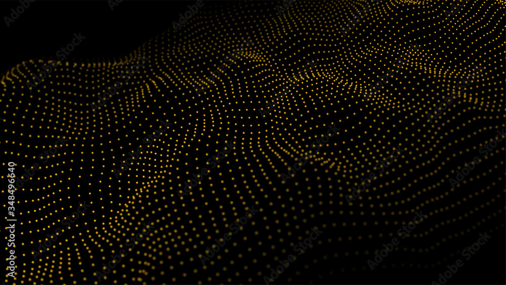 Aufkleber Dynamic particles wave.Big data visualization 3D. Yellow dots on black background. Digital landscape. Vector illustration.