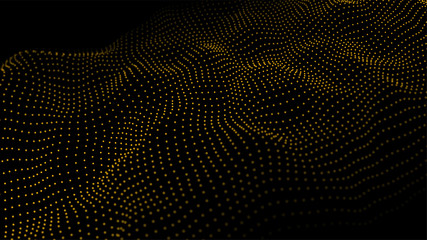 Dynamic particles wave.Big data visualization 3D. Yellow dots on black background. Digital landscape. Vector illustration.
