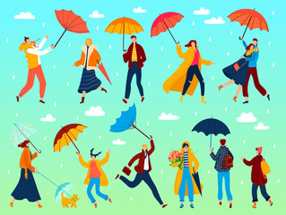 People under umbrellas in spring, walking outdoor in rainy spring day, man, woman in raincoat under rain clouds vector illustration flat characters isolated set. Weather in spring season.