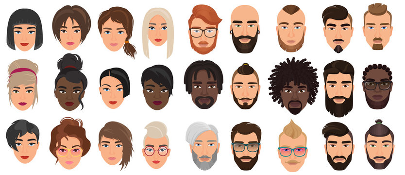Woman man characters, facial portraits vector illustration set. Cartoon flat adult people heads with different faces or hair, nationality and races, fashionable and stylish hairstyle isolated on white