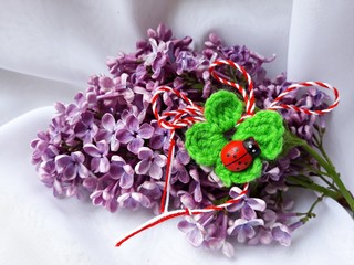 Handmade crocheted four-leaf clover with ladybug  and red and white string, known as Martisor, it...