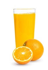 Fresh orange juice in glass or bottle with fruits, isolated on white