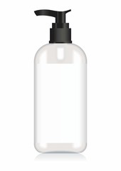 Cosmetic plastic bottle with dispenser pump. Cosmetic bottle for a cream, shampoo, oil, gel. Mock up. Design label for container. Batcher. Cosmetic products