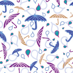 Vector seamless pattern with umbrellas and rain drops in all directions.