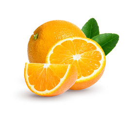 Fresh orange juice in glass or bottle with fruits, isolated on white