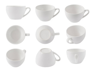 Set of top and side views of empty cups isolated on white background