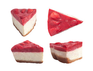 Set of top, side views of strawberry cheesecake isolated on white background