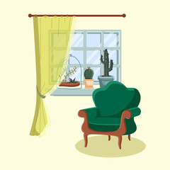 Retro armchair apartment interior window long curtains and plants