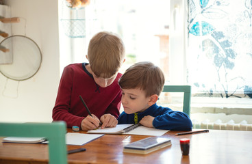 Fototapeta na wymiar Brothers learning at home, Homeschooling 