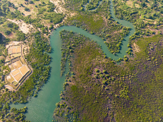 Aerial view of the water coast line at East Pemba island Near to Mkangale in Zanzibar Archipelago,...