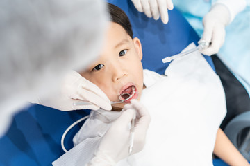 A boy having teeth examined at dentists: Healthy lifestyle, healthcare, and medicine concept.