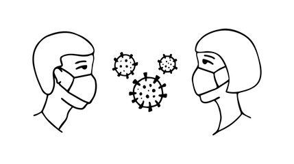 Man and woman wearing protective Medical mask for prevent Wuhan infection. Novel coronavirus 2019-nCoV. Virus symbol. Cell microbe.†Prevention of covid. Global pandemic alert. Covid-19 outbreak.