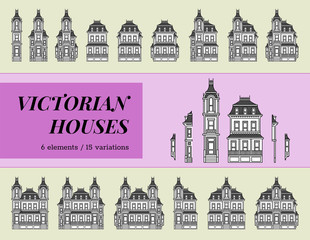 victorian houses collection. combination of architectural elements