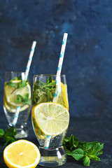 Summer drink with lemon and mint on a dark background. Lemonade.