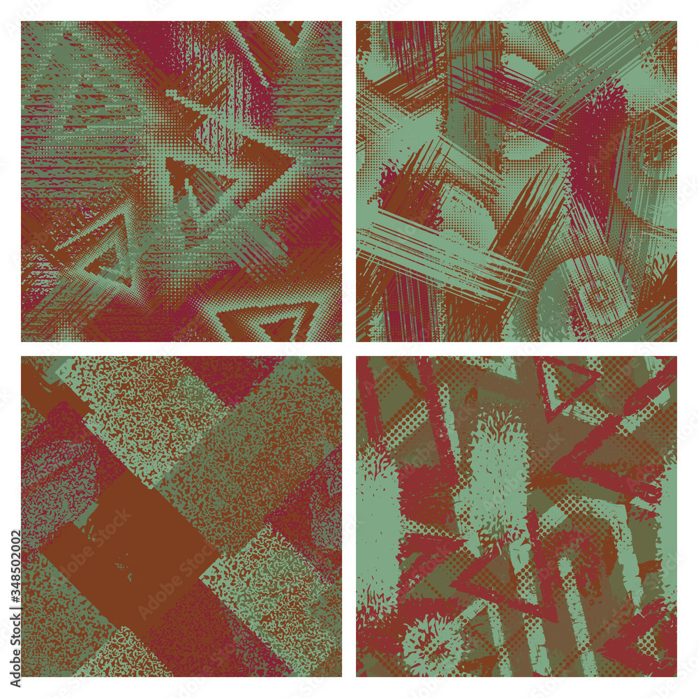 Poster set of grunge camouflage seamless pattern. abstract chaotic vector backgrounds with shabby paint eff