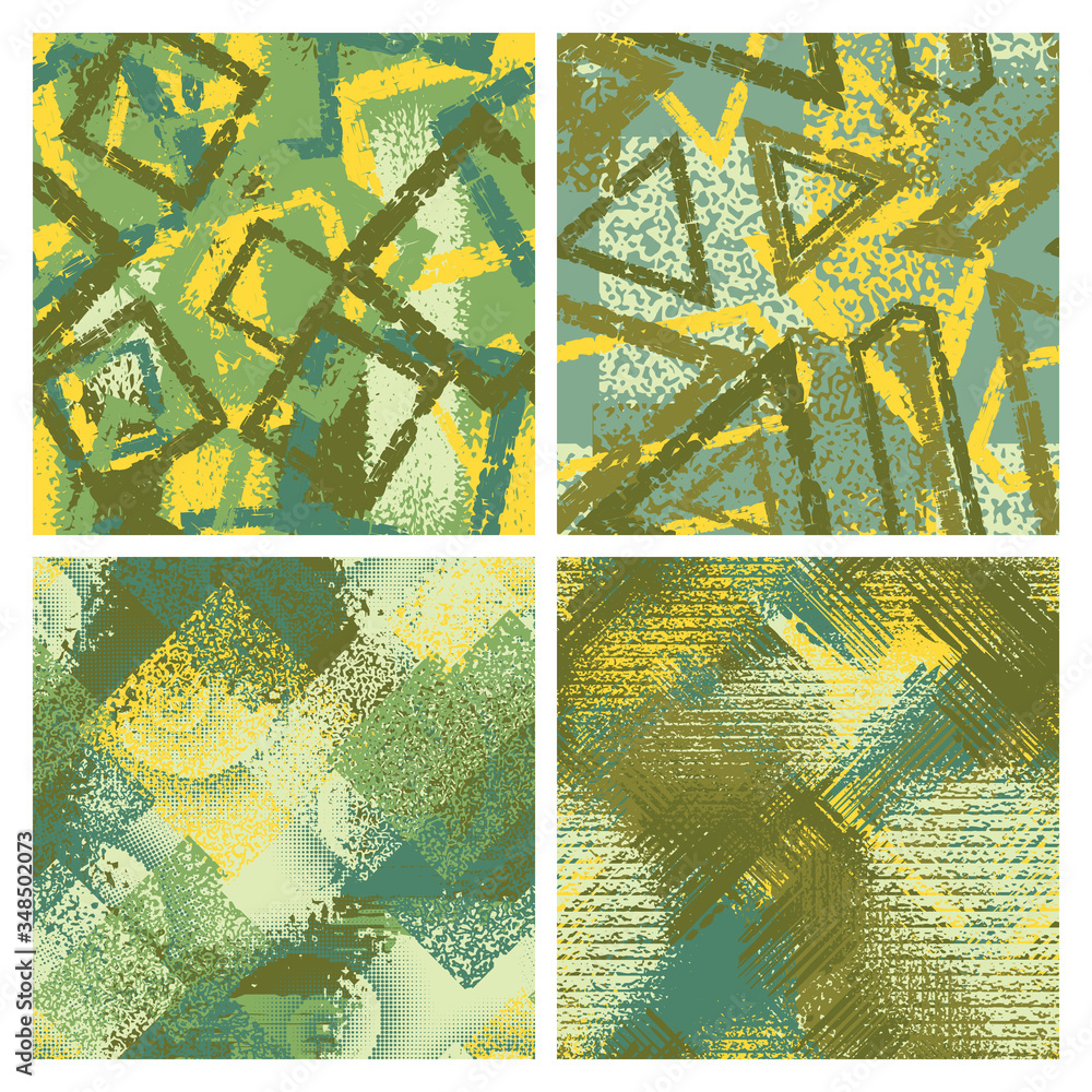 Poster set of grunge camouflage seamless pattern. abstract chaotic vector backgrounds design.