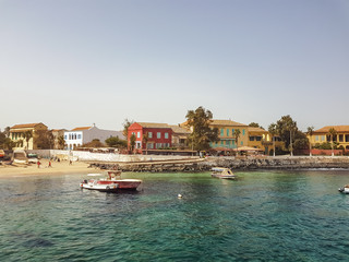 the island gore from which slaves were exported from Africa, turquoise water and yellow sand photographed from the air