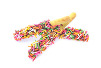 Biscuit stick bread with sweet colorful chocolate isolated on white background