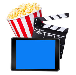 Flying popcorn, film clapper board and phone isolated on white background