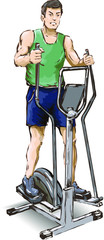 Young man leads a healthy lifestyle. Engaged in walking on the simulator. Freehand drawing. Vector image.
