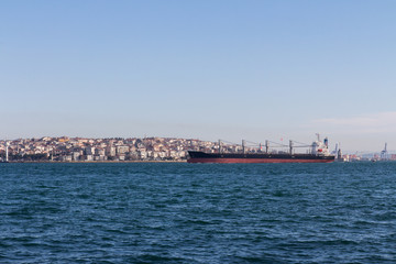 Tanker in the Bosphorus on the background of the city of Istanbul. Turkey