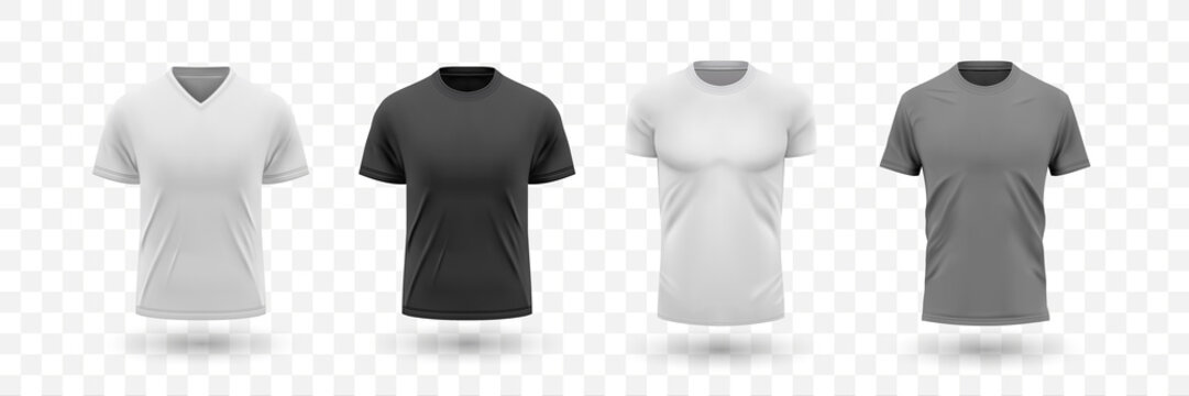 Realistic male shirt mockups set. Illustration of realism style drawn tshirt templates front design. Collection of black gray and white version of jersey for men on transparent background.