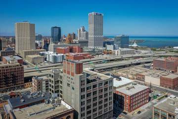 Milwaukee, WI / USA - May 12, 2020:  Aerial view of the Third Ward in Milwaukee Wisconsin. Taken approximately in the 200 block of North Broadway Street. 