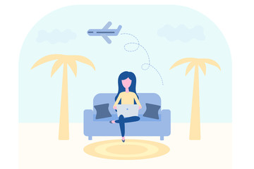 Booking online concept. Travel air tickets and resort hotel website. Flight ticket or insurance reserve from distance for vacation holiday tourism trip. Woman buying ticket for a trip with a laptop.