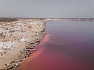 pink lake retba in the suburbs of Dakar photographed from a drone in Africa salt mining