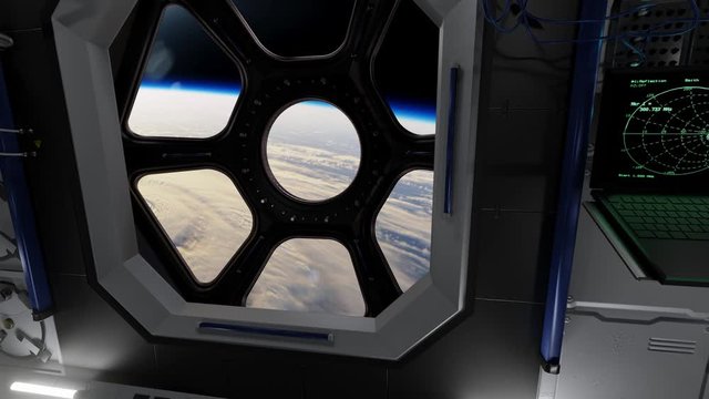 3d render of International Space Station Interior. Narrow corridor of ISS. Interior of ISS module Cupola