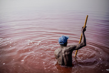 pink lake retba in the suburbs of Dakar photographed from a drone in Africa salt mining